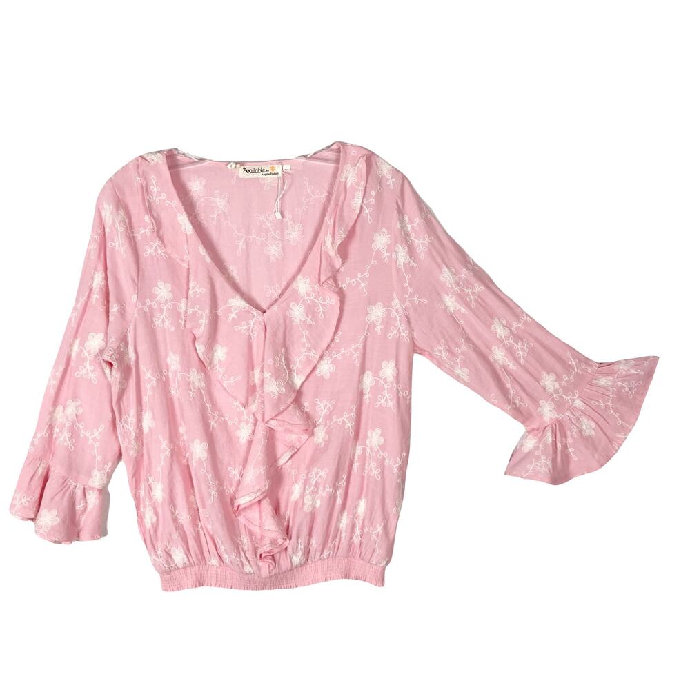 NWOT AVAILABLE by ANGELA FASHION Top L Pink Floral White Embroidery Vneck Ruffle